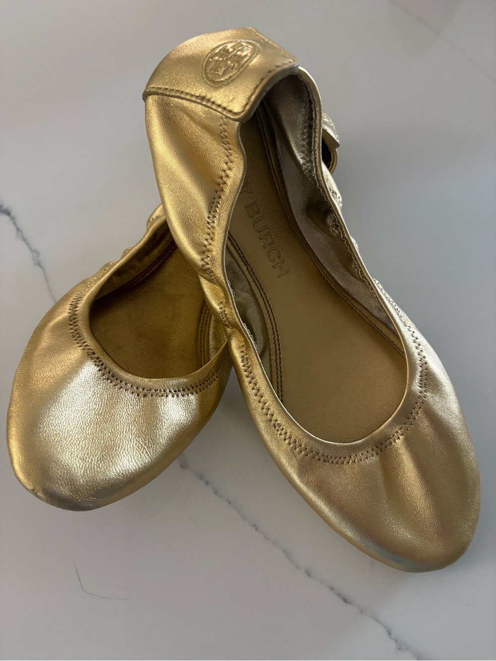 Tory Burch Metallic Gold Embossed Logo Ballet Flat
